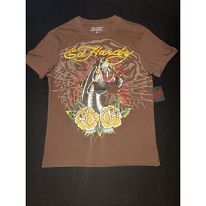 Ed Hardy Brown Rhinestone Panther And Roses Women's Size Medium NWT